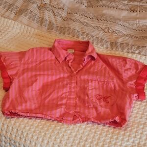 Maeve Cropped Button Down Shirt in Pink and Red Xl